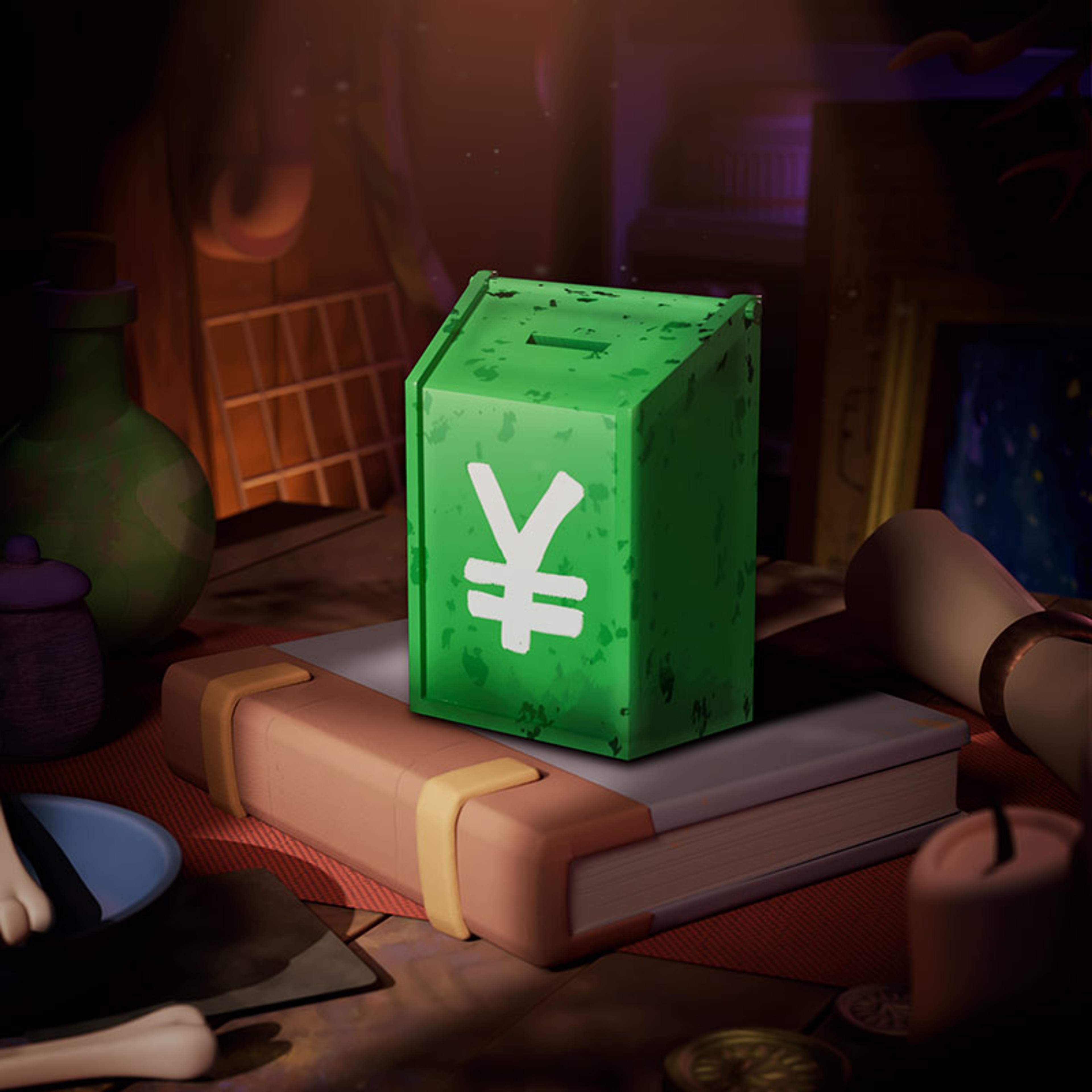 A green box with a coin slot on top.