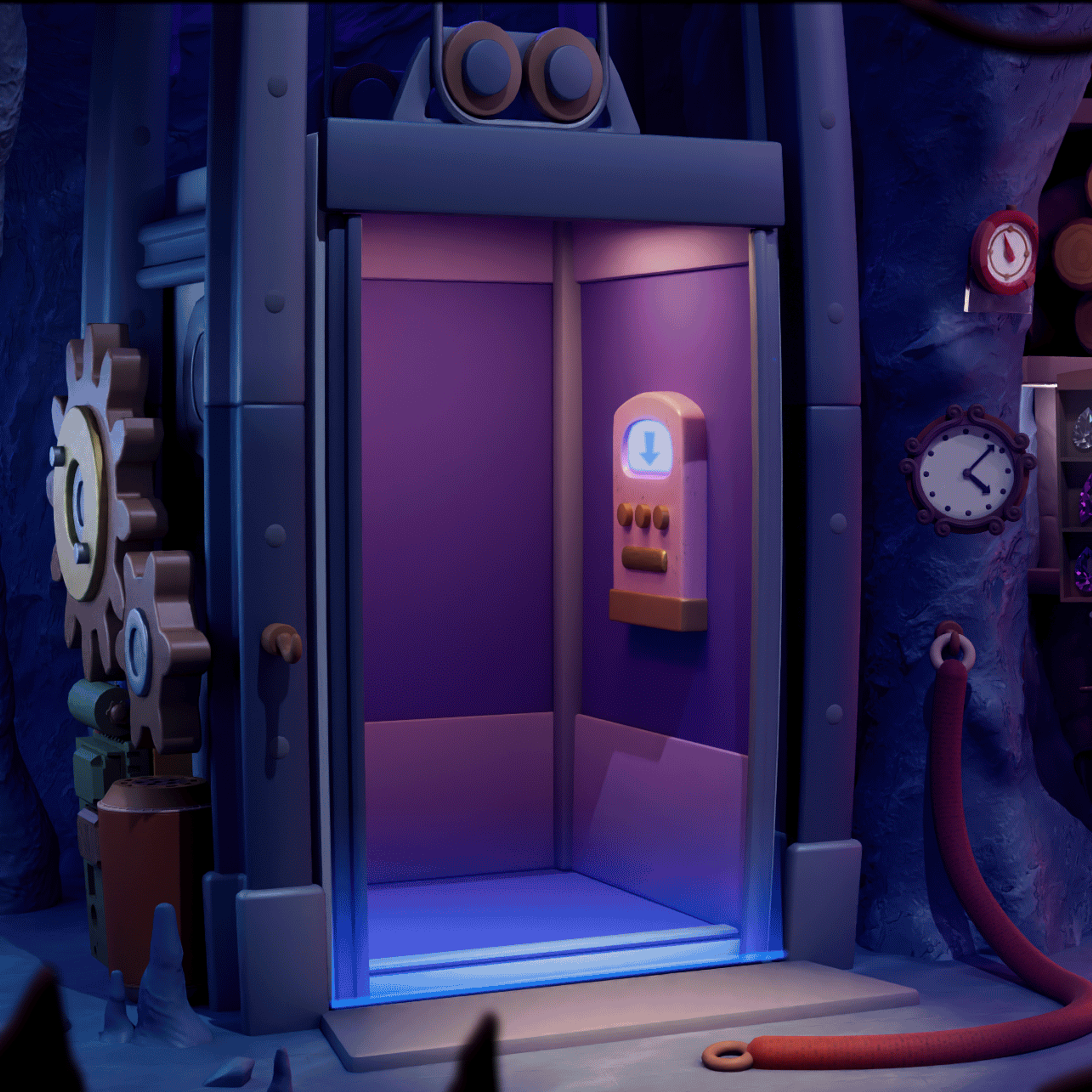 A mechanical lift with large cogs on one side. This leads to the Stockroom, where Keepy keeps special items related to the latest Little Nook games which you can help unlock and receive. 