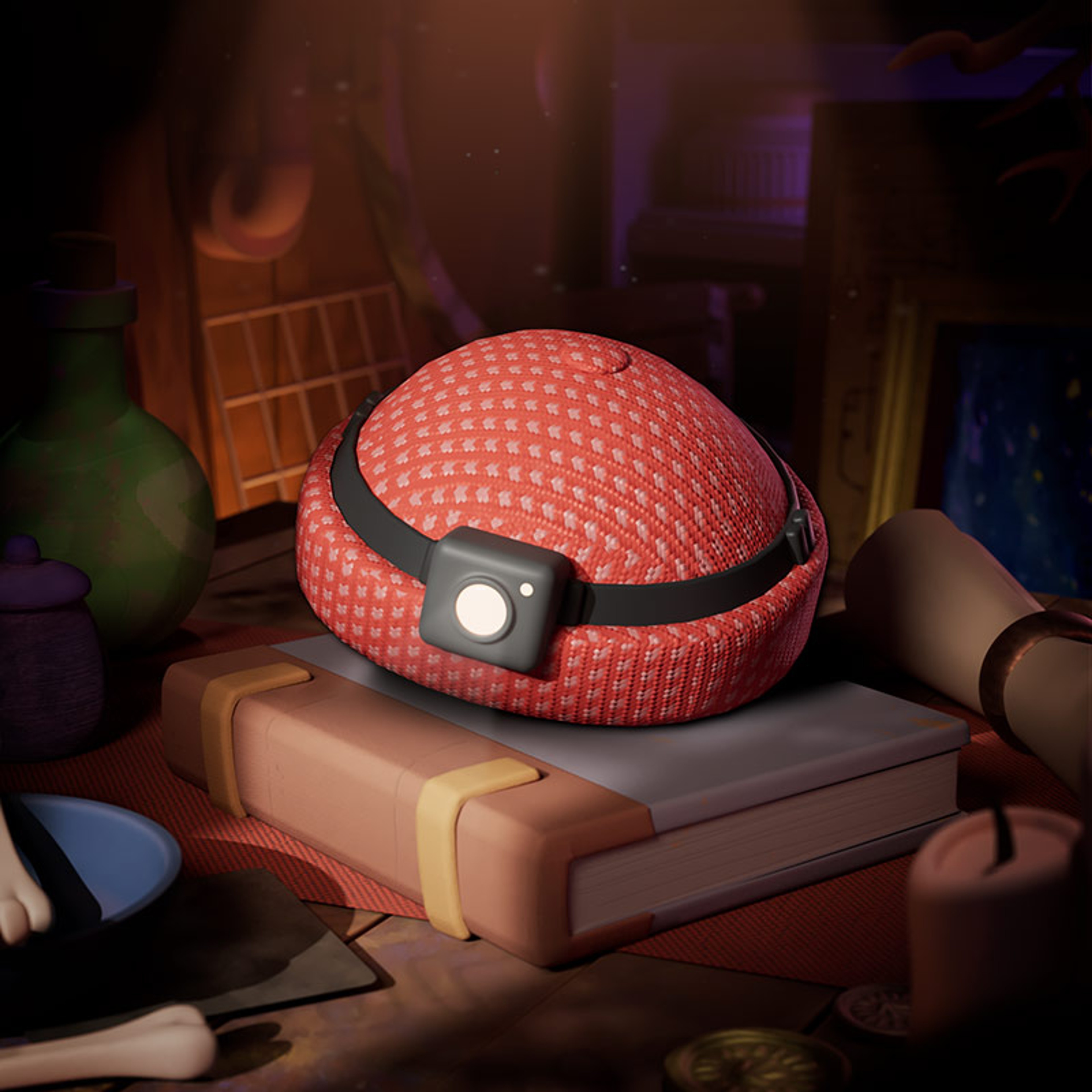 A red knitted hat with head torch