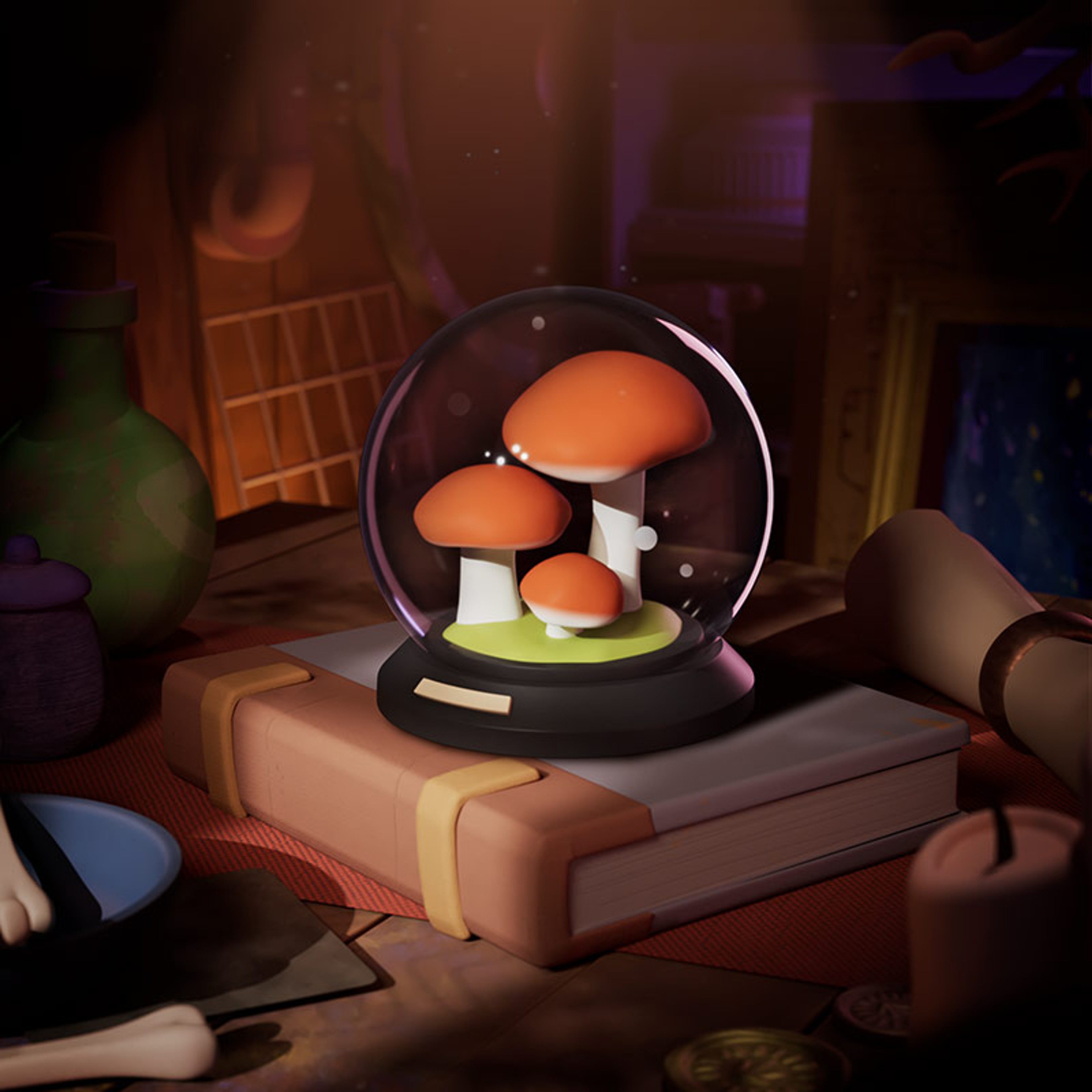 Glass snow globe containing mushrooms on wooden base.