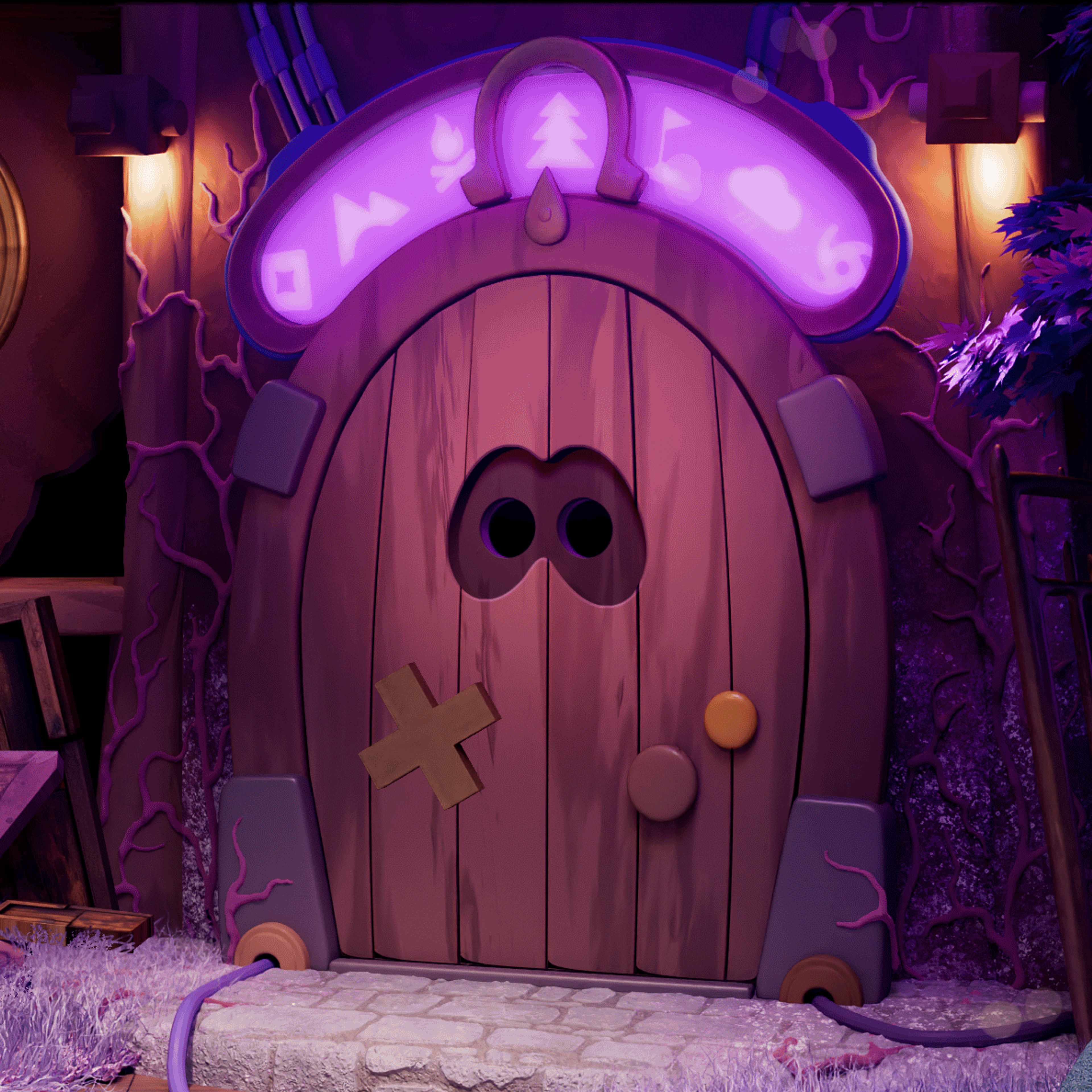 A brown wooden door with knobs and handles, with a goggle-shaped cutout and a glowing purple icon dial above it. The door leads to a Portal, through which Keepsy can enter the worlds of the games Little Nook publishes.