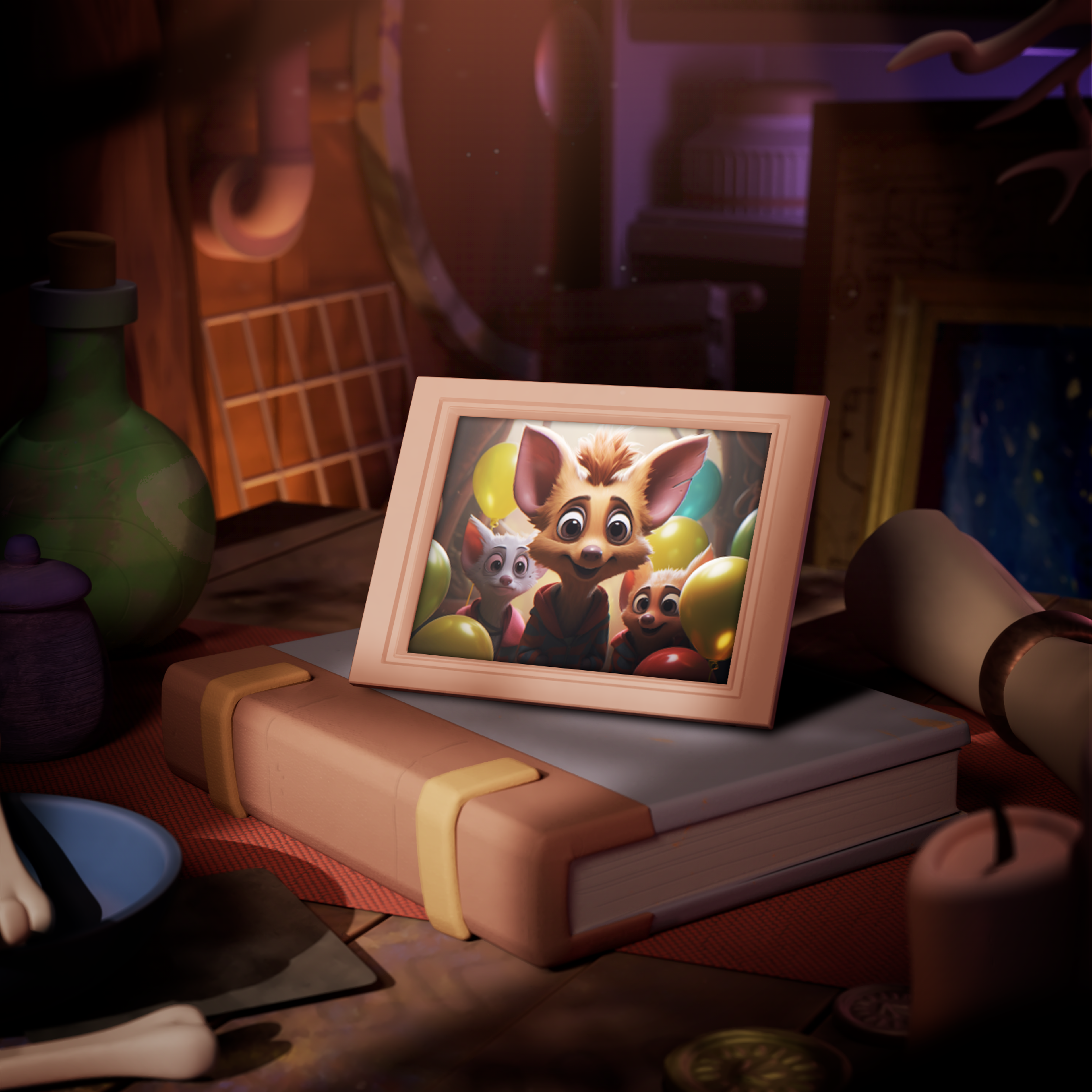 A framed photo of creatures with large ears, like Keepsy.