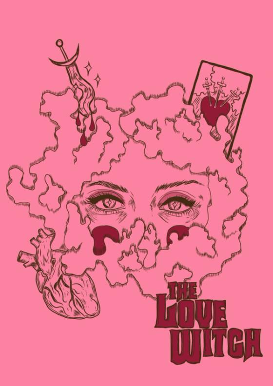 Hot pink poster: a woman's eyes weeping blood inside curling hair, anatomical heart and "THE LOVE WITCH"