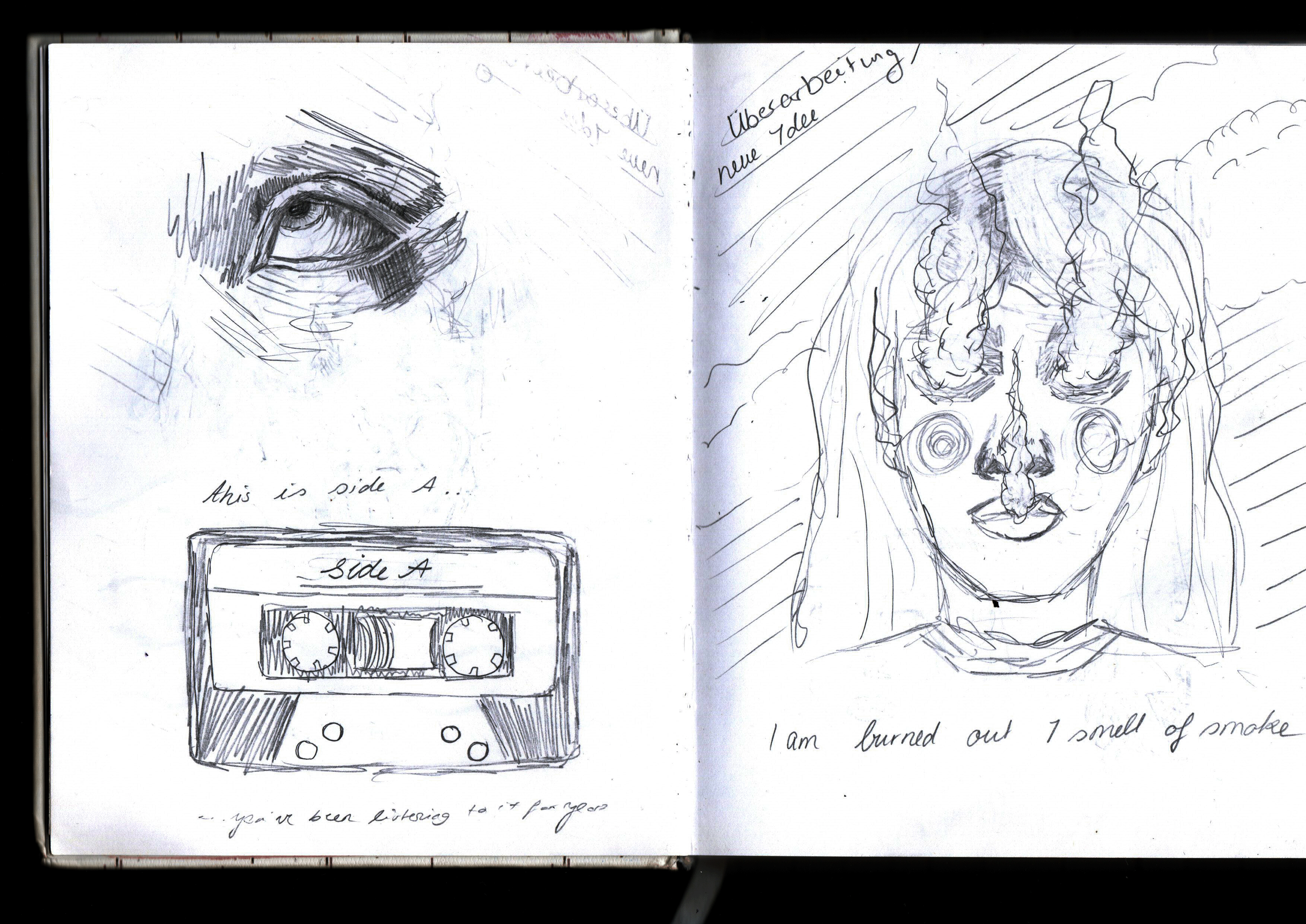 Ballpoint spread: a shaded eye, a cassette labelled “Side A”, and a smoking face reading “I am burned out”