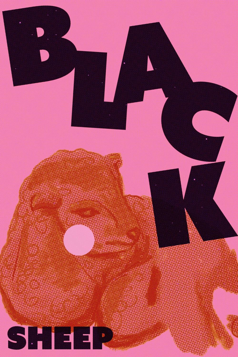 Halftone orange ram lying beneath heavy purple caps “BLACK”, with “SHEEP” small at the foot on hot pink