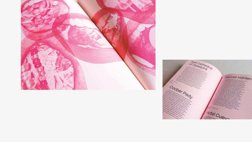 Translucent pink overlay sheets layering printed mouths, beside pink pages listing “Coober Pedy” and “Hotel Cueva”