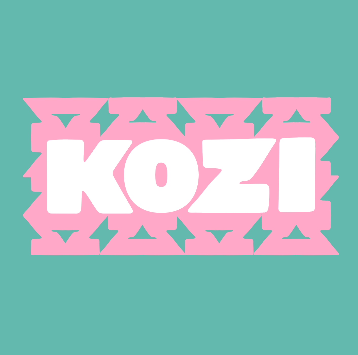 Chunky white "KOZI" wordmark on a pink banner of interlocking z-shapes, set against mint green