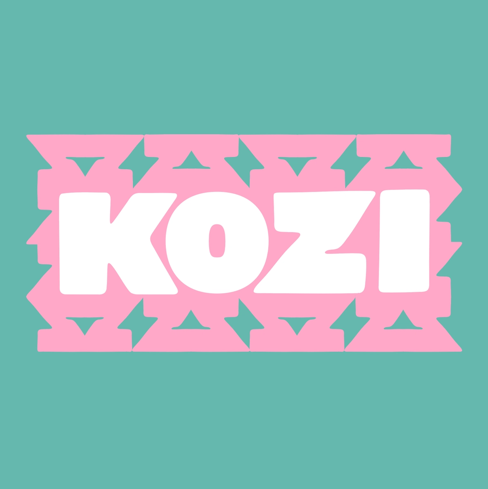 Chunky white "KOZI" wordmark on a pink banner of interlocking z-shapes, set against mint green