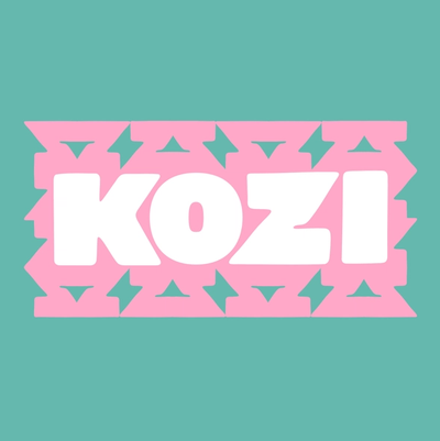 Chunky white "KOZI" wordmark on a pink banner of interlocking z-shapes, set against mint green