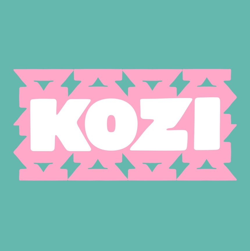 Chunky white "KOZI" wordmark on a pink banner of interlocking z-shapes, set against mint green