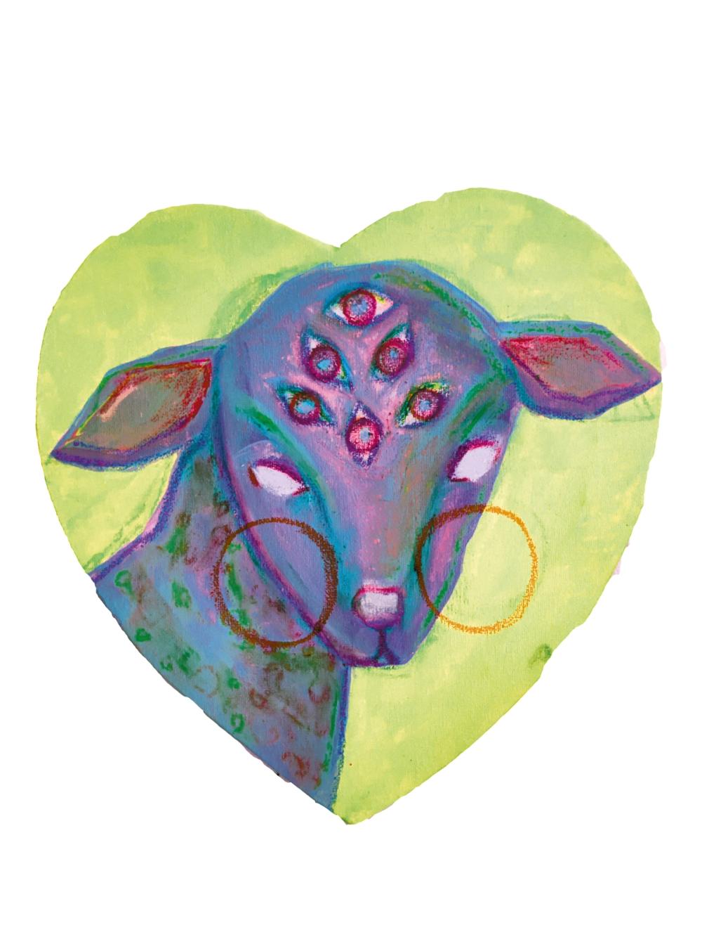 Heart-shaped canvas holding a violet lamb's head with five extra eyes on its brow, lime green around it