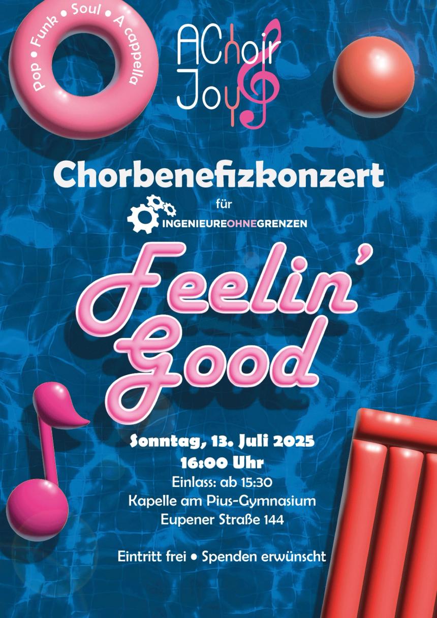 Concert poster on rippling pool blue, pink script “Feelin’ Good” between a floatie and a red lilo