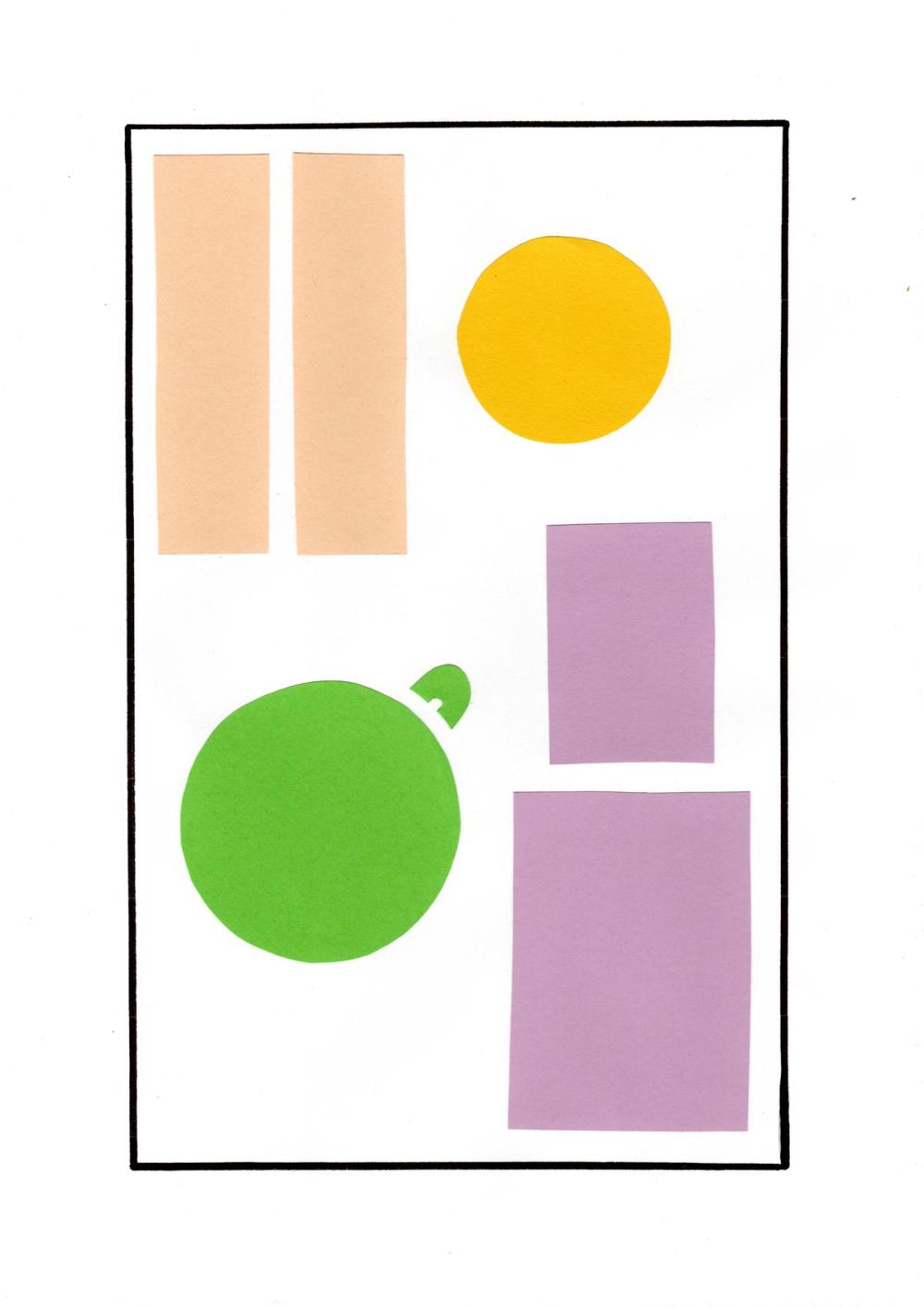 Peach bars, a yellow disc and two lilac rectangles arranged around a green paper apple on white