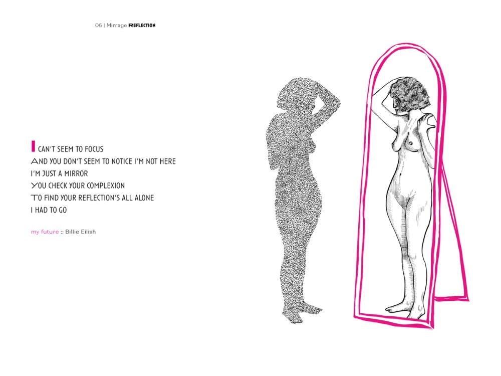 Stippled silhouette facing a magenta-outlined mirror holding a nude reflection, Billie Eilish lyric