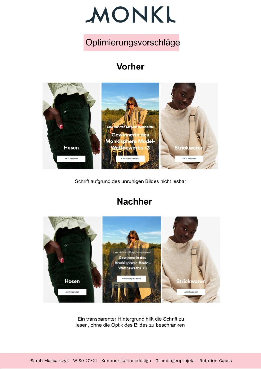 Before-and-after of three shop tiles — green cord trousers, sunlit field portrait, knitwear — labels gaining a scrim