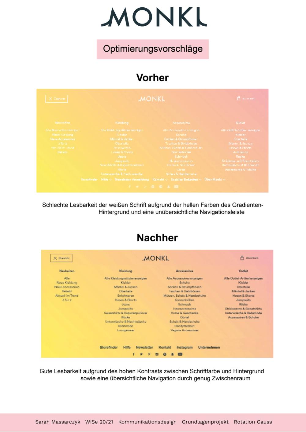 Before-and-after of a mega-menu on a yellow-to-pink gradient, faint white links replaced by legible dark type