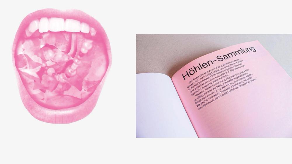 Pink-tinted open mouth packed with shards of ice, next to a pink gradient page headed “Höhlen-Sammlung”