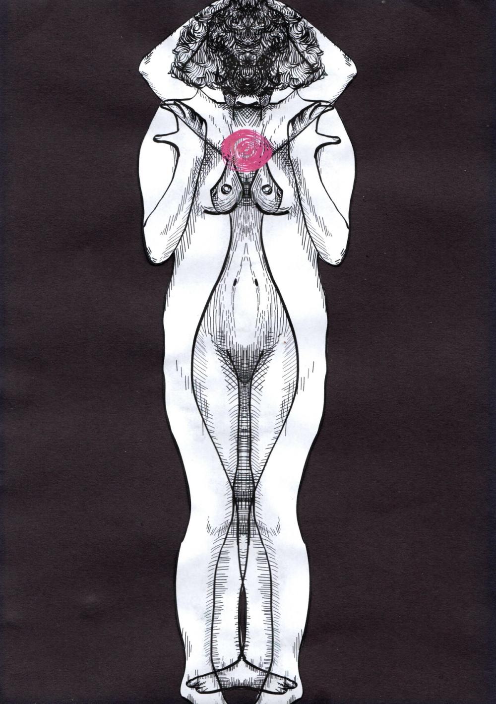 Standing nude in fine hatching, dark curly hair, hands lifted, a scribbled pink rose over the chest