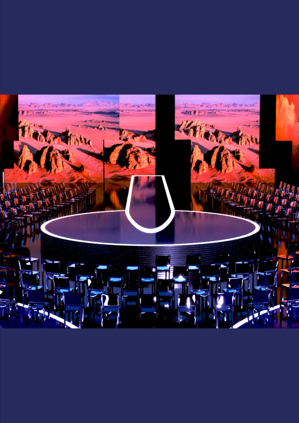 Render of a circular black stage rimmed in white light, an oversized kettle outline centred, red canyon screens behind