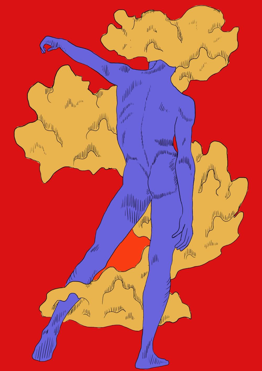 Blue figure seen from behind, one arm flung up, head buried in ochre cloud, red ground with an orange flare