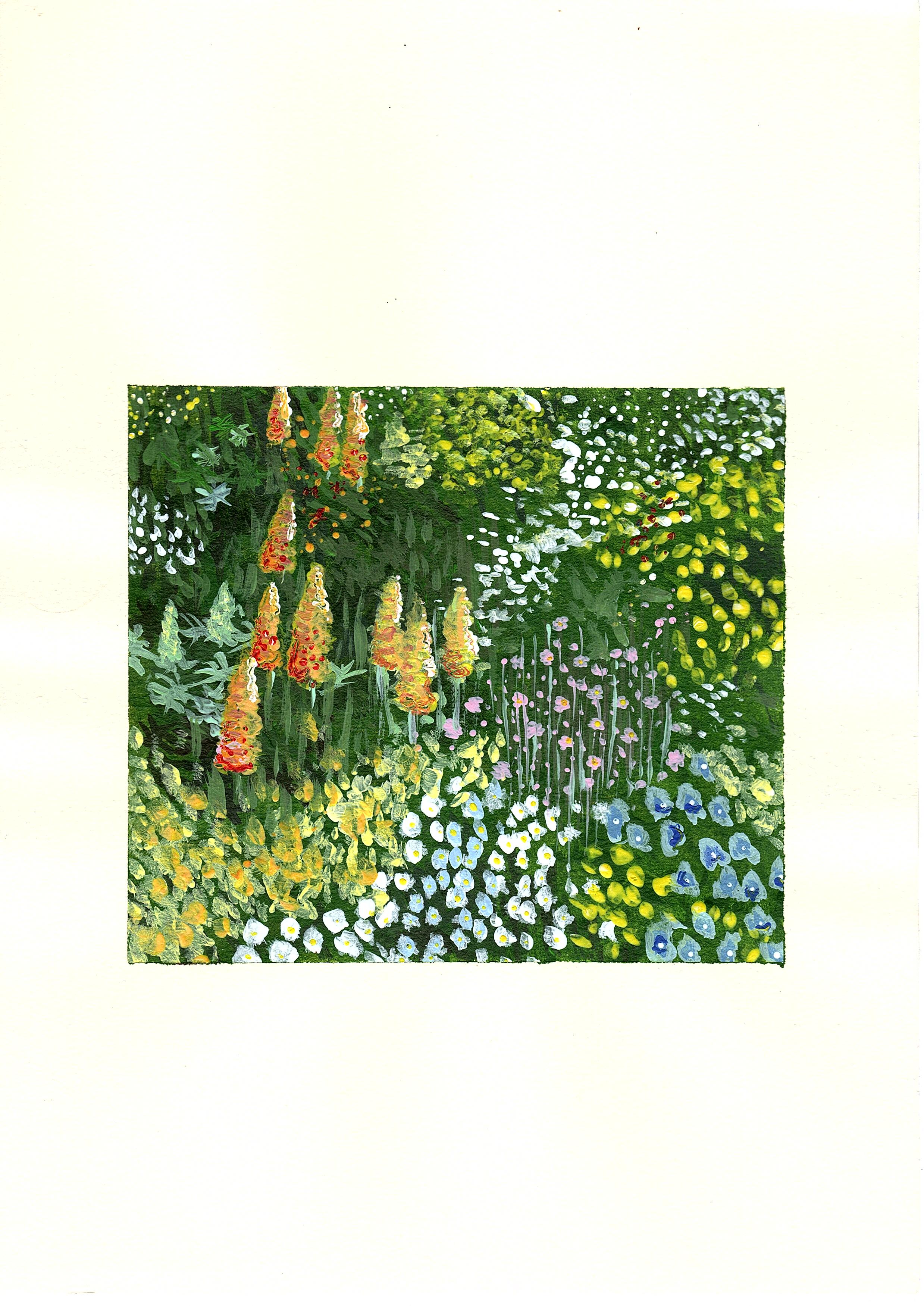 Gouache garden on cream paper: orange foxgloves rising from dense green speckled with white and blue blooms