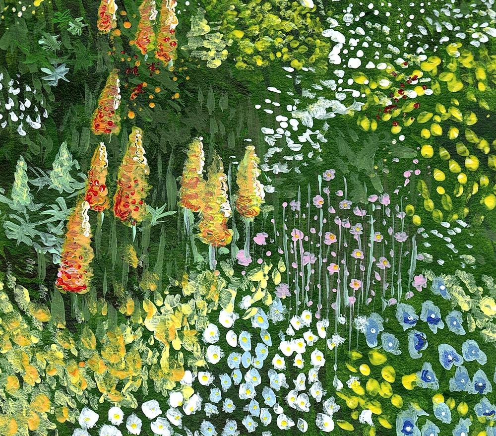 Gouache garden on cream paper: orange foxgloves rising from dense green speckled with white and blue blooms