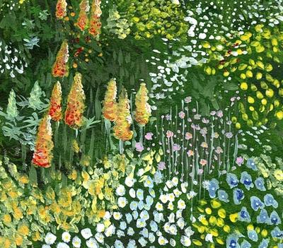 Gouache garden on cream paper: orange foxgloves rising from dense green speckled with white and blue blooms