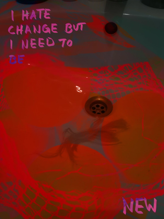 Mandarins in a net and cut hair around a sink drain, washed in hot red, hand-lettered “I hate change but I need to be new”