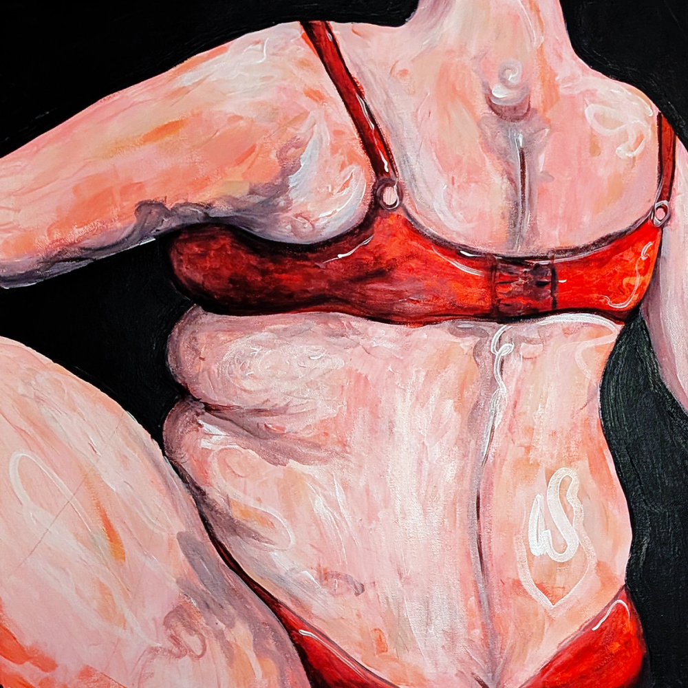 Acrylic close-up of a soft torso in a red bra and briefs, warm pink flesh against a black ground