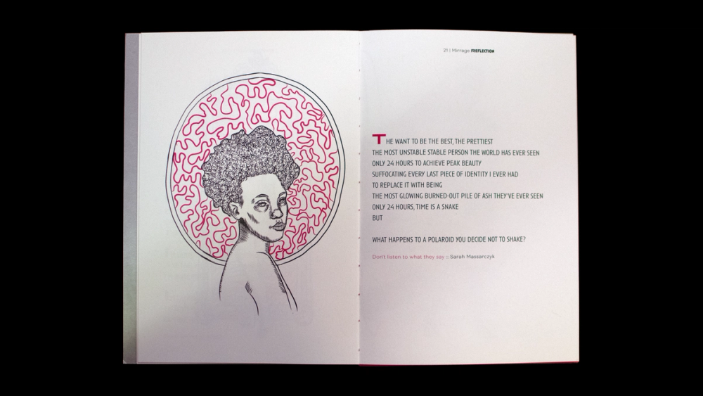 Spread with an ink portrait, voluminous curls ringed by a magenta squiggle halo, poem facing it