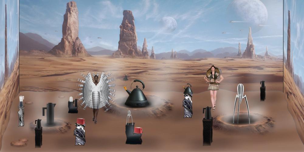 Wide collage of a desert planet with rock spires and two moons, a giant kettle and juicer looming beside two models