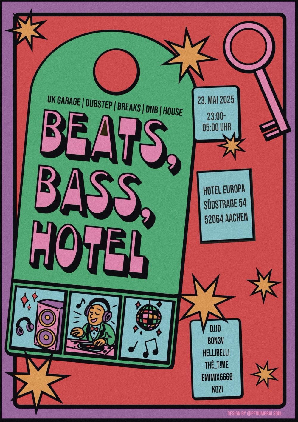 Comic-style poster, green door hanger on red with “BEATS, BASS, HOTEL” in pink bubble letters and a key