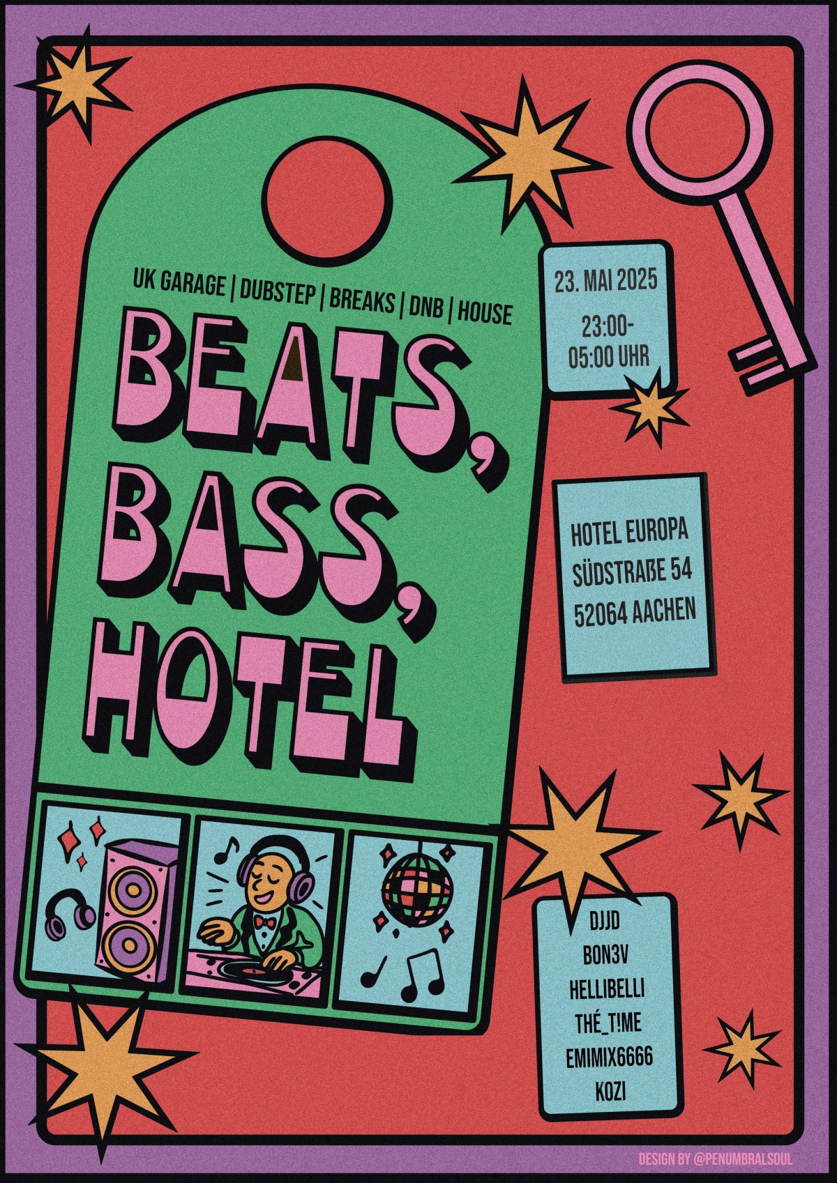 Comic-style poster, green door hanger on red with “BEATS, BASS, HOTEL” in pink bubble letters and a key