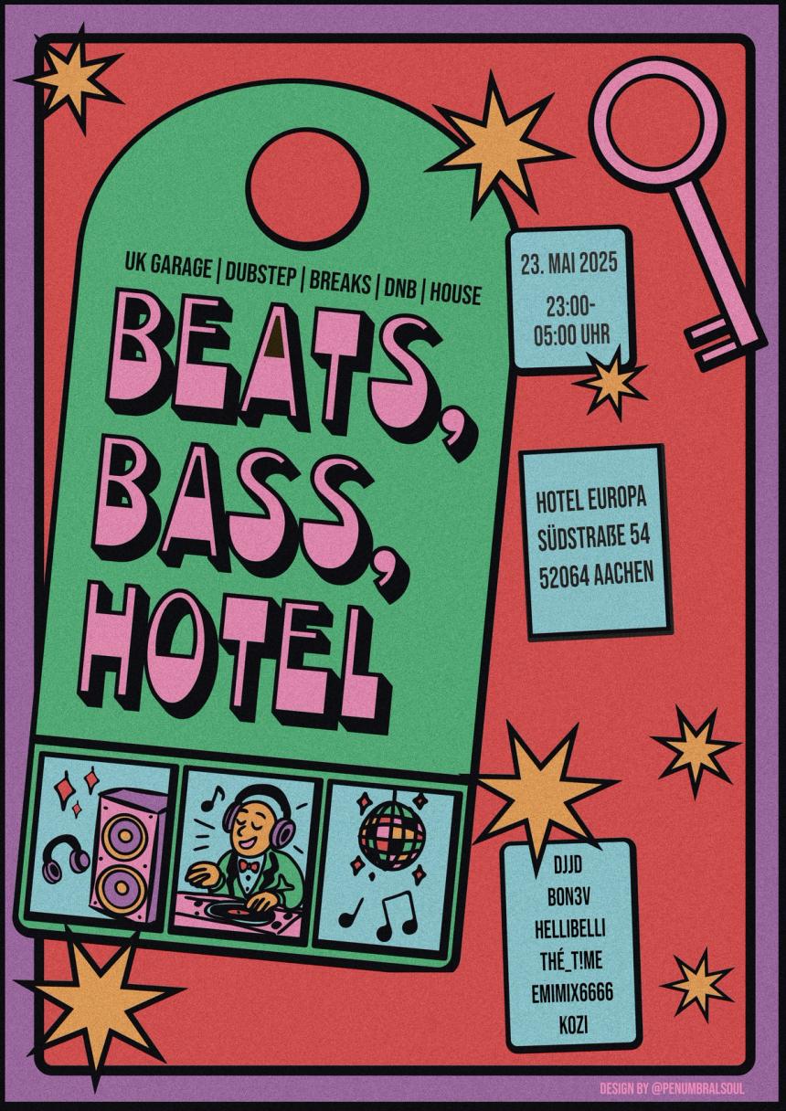 Comic-style poster, green door hanger on red with “BEATS, BASS, HOTEL” in pink bubble letters and a key