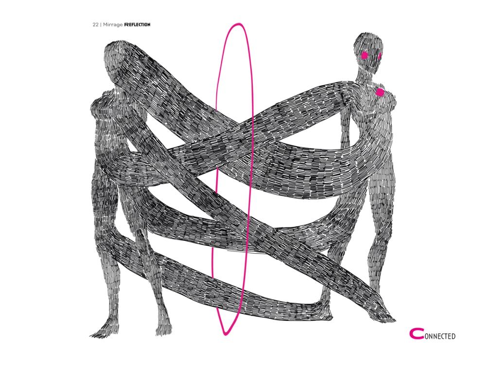 Two hatched bodies whose limbs stretch into interwoven ribbons around a magenta ellipse, 'Connected'