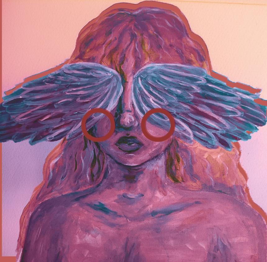 Acrylic portrait in mauve and pink, feathered blue-grey wings spread across the figure's eyes, two red rings over them