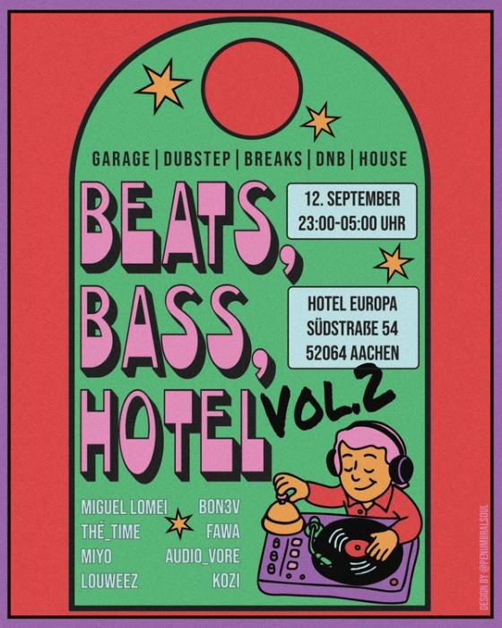 Sequel door hanger poster, illustrated pink-haired DJ at a turntable below “BEATS, BASS, HOTEL VOL.2”
