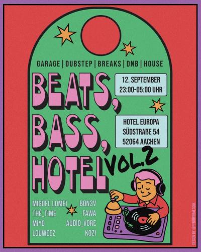 Sequel door hanger poster, illustrated pink-haired DJ at a turntable below “BEATS, BASS, HOTEL VOL.2”