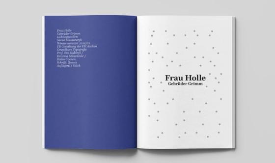 Open book spread: deep blue colophon page facing a serif title 'Frau Holle, Gebrüder Grimm' ringed by asterisks