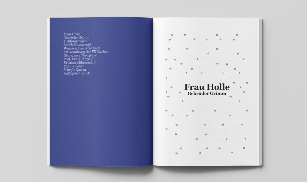 Open book spread: deep blue colophon page facing a serif title 'Frau Holle, Gebrüder Grimm' ringed by asterisks