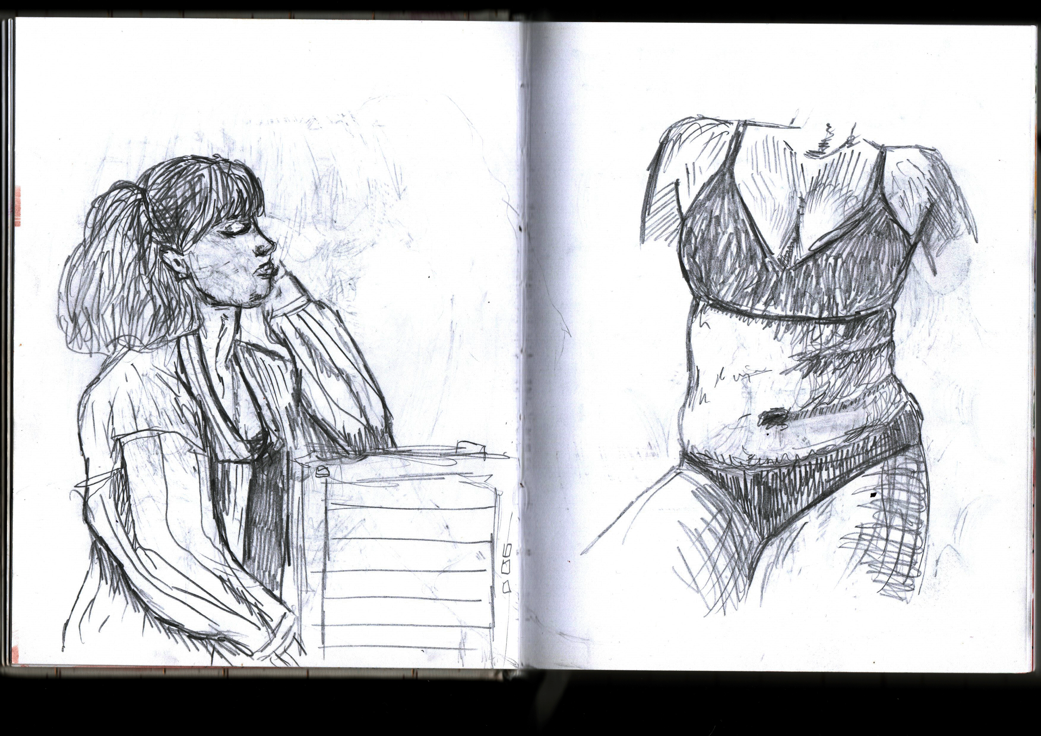 Pencil spread: a girl with pigtails propped on her elbow at a desk, beside a hatched torso study in underwear