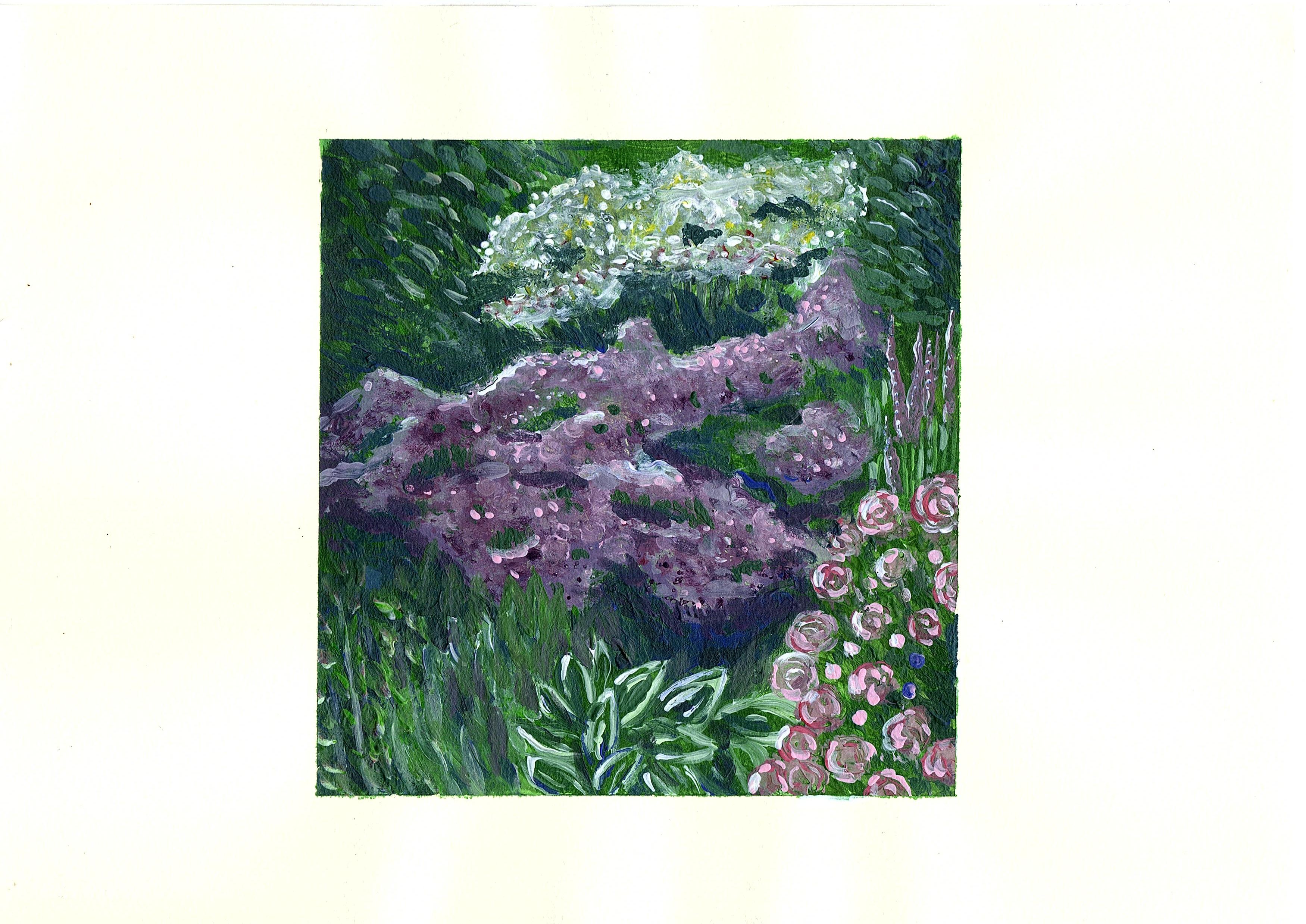 Companion panel in landscape format: drifts of lilac and pink roses under a white blossom cloud on deep green