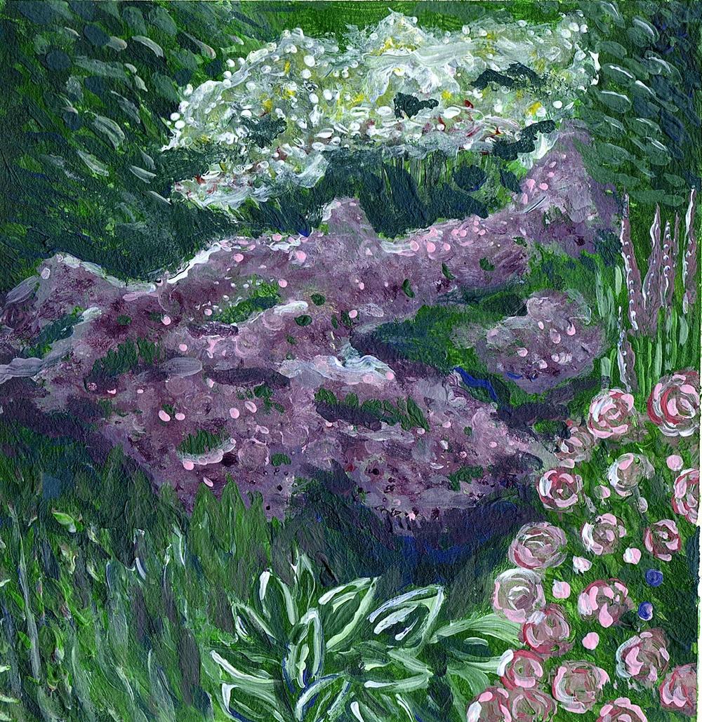 Companion panel in landscape format: drifts of lilac and pink roses under a white blossom cloud on deep green