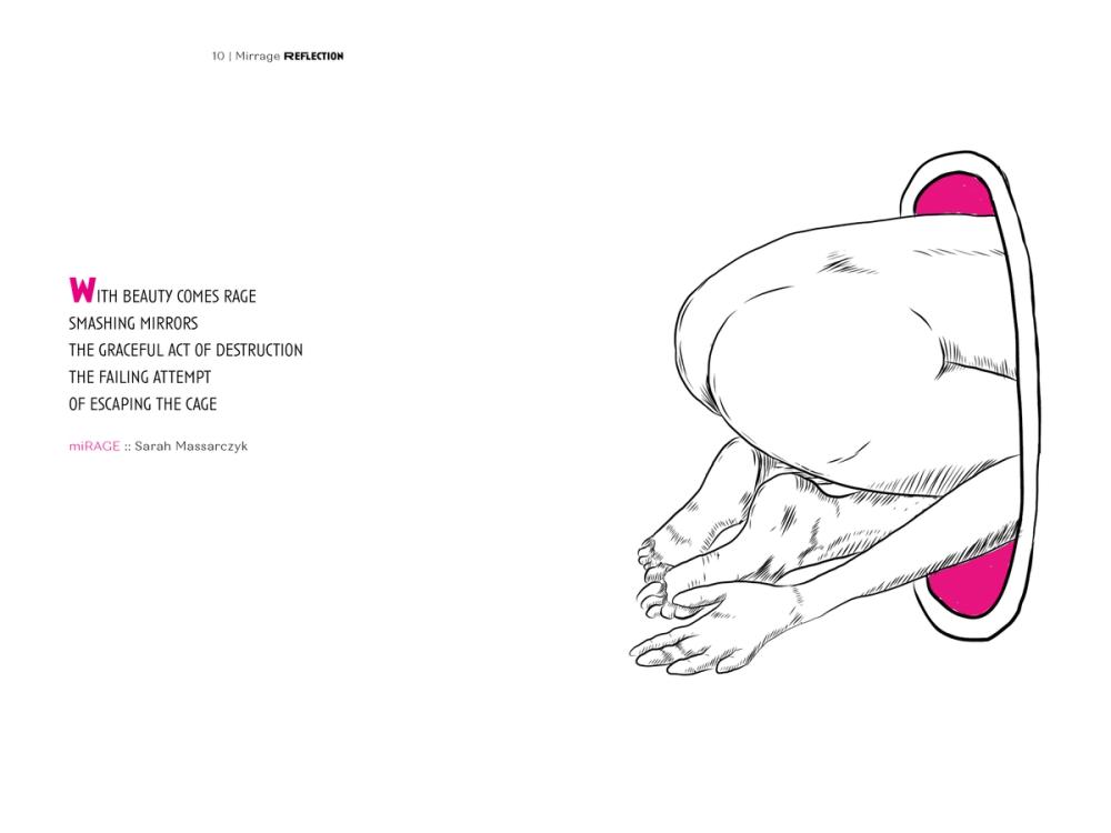 Nude body curled tight inside an oval mirror filled with magenta, bare feet forward, poem on the left