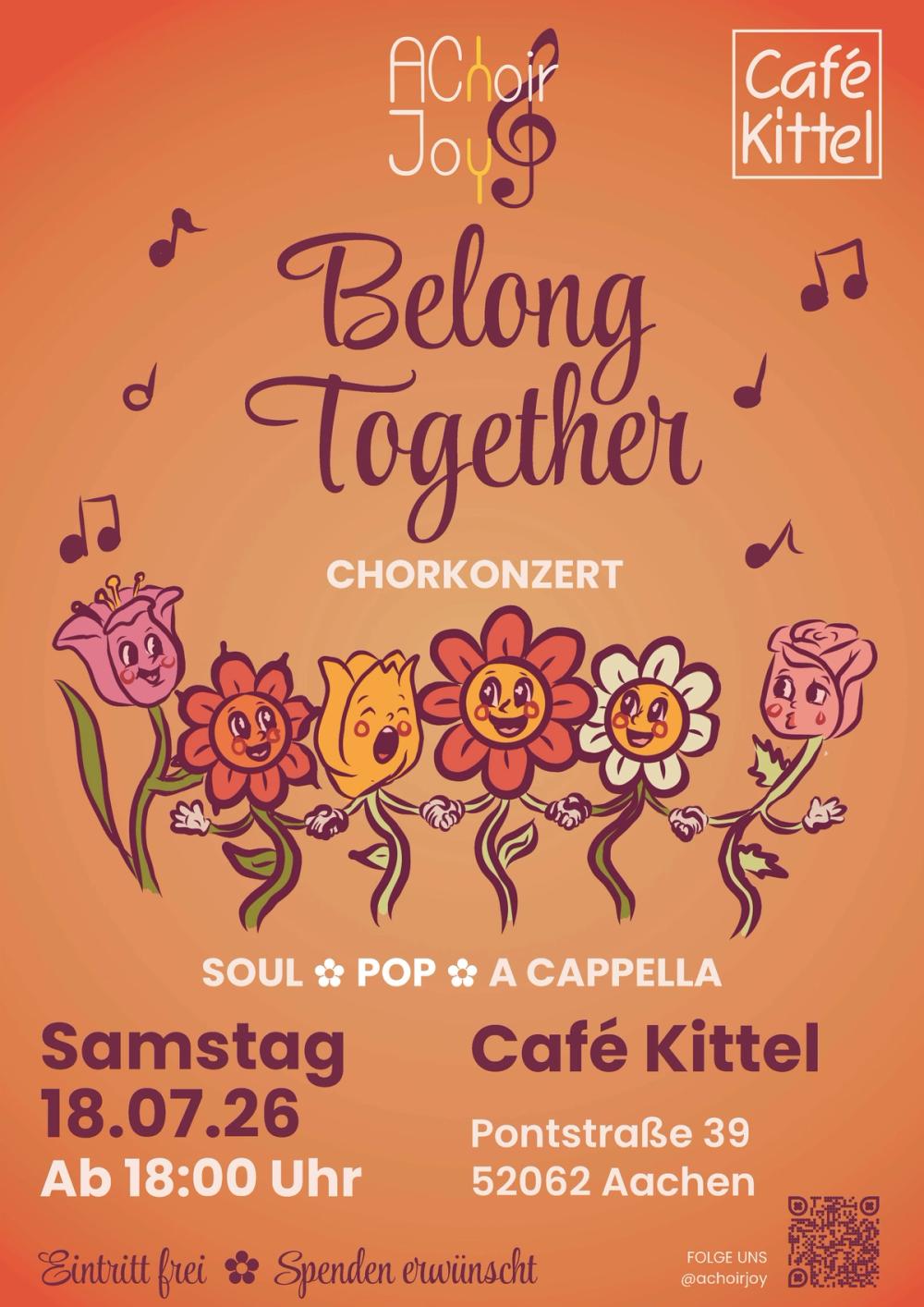 Warm orange poster where six grinning cartoon flowers hold hands under the script “Belong Together”