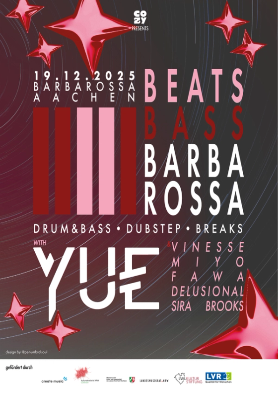 Dark event poster, chrome stars and crimson light bars behind “BEATS BASS BARBAROSSA” in stacked bold caps