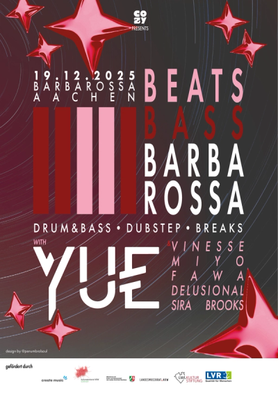 Dark event poster, chrome stars and crimson light bars behind “BEATS BASS BARBAROSSA” in stacked bold caps