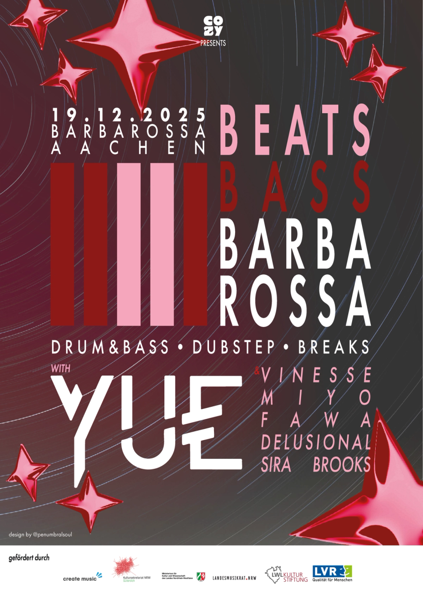 Dark event poster, chrome stars and crimson light bars behind “BEATS BASS BARBAROSSA” in stacked bold caps