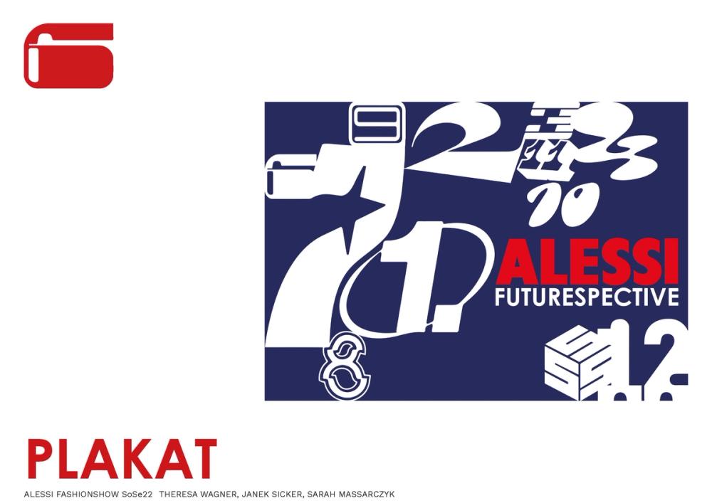 Poster on navy: white liquid-warped numerals and objects circling ALESSI FUTURESPECTIVE set in red and white