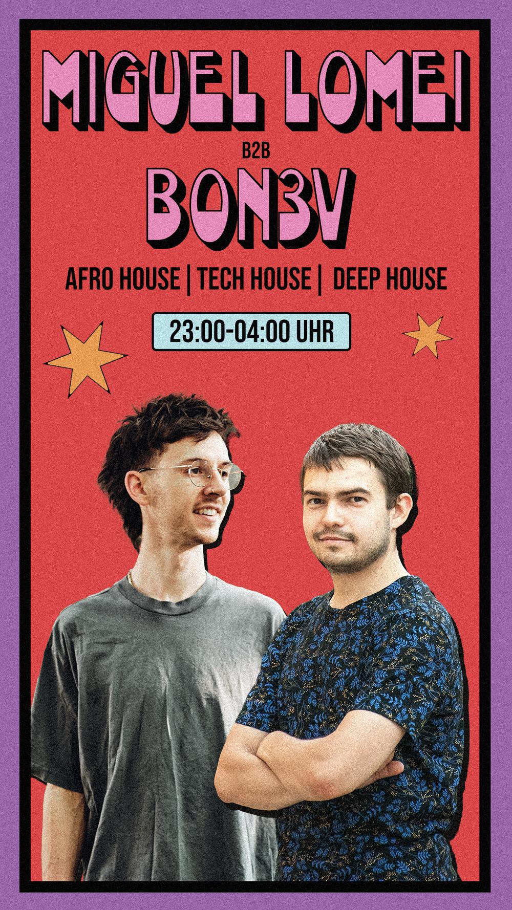 Story poster for Miguel Lomei b2b BON3V, two DJs cut out on red above “AFRO HOUSE | TECH HOUSE | DEEP HOUSE”